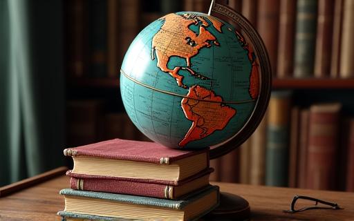 Mappamondo antico con libri sovrapposti.